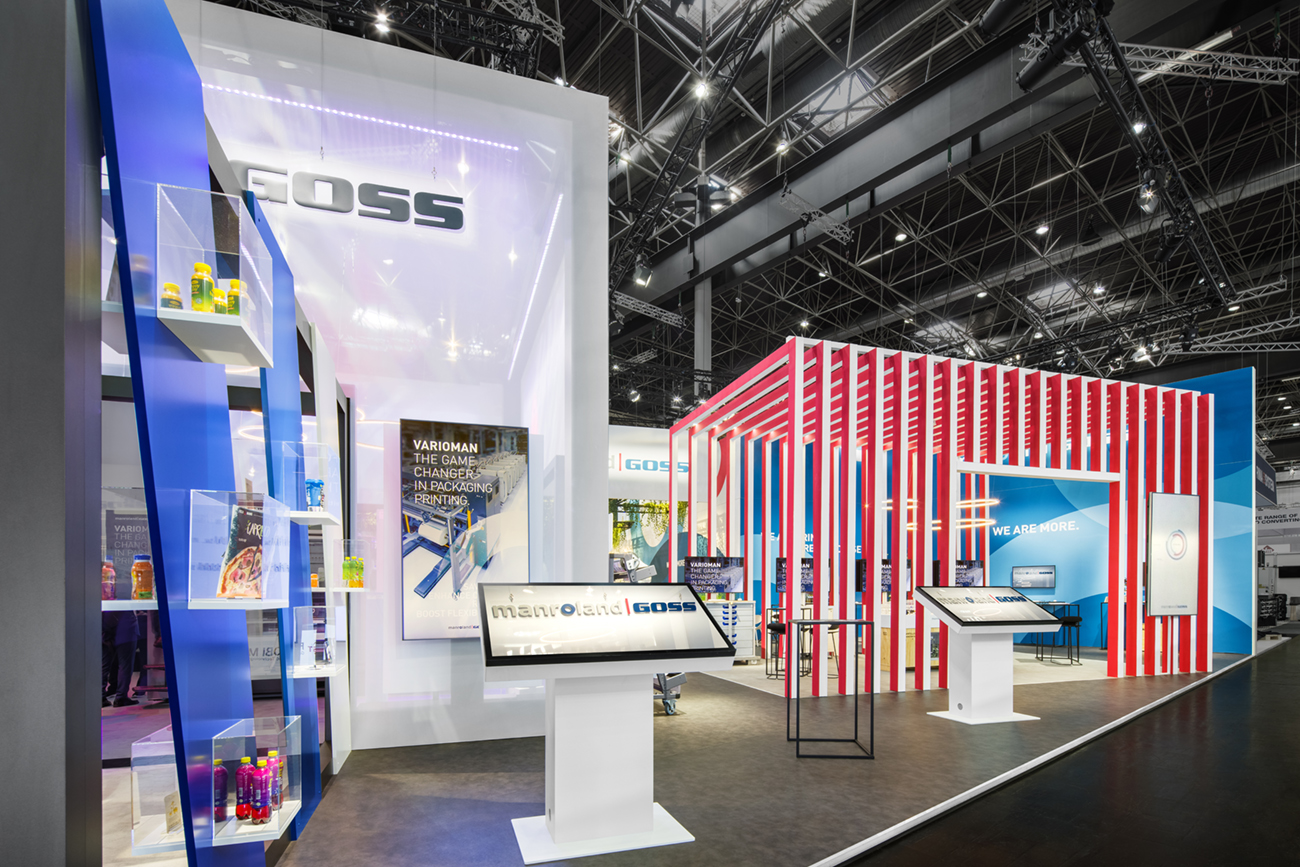 Raumtechnik Messestand von Manroland auf der drupa 2024 in Düsseldorf
